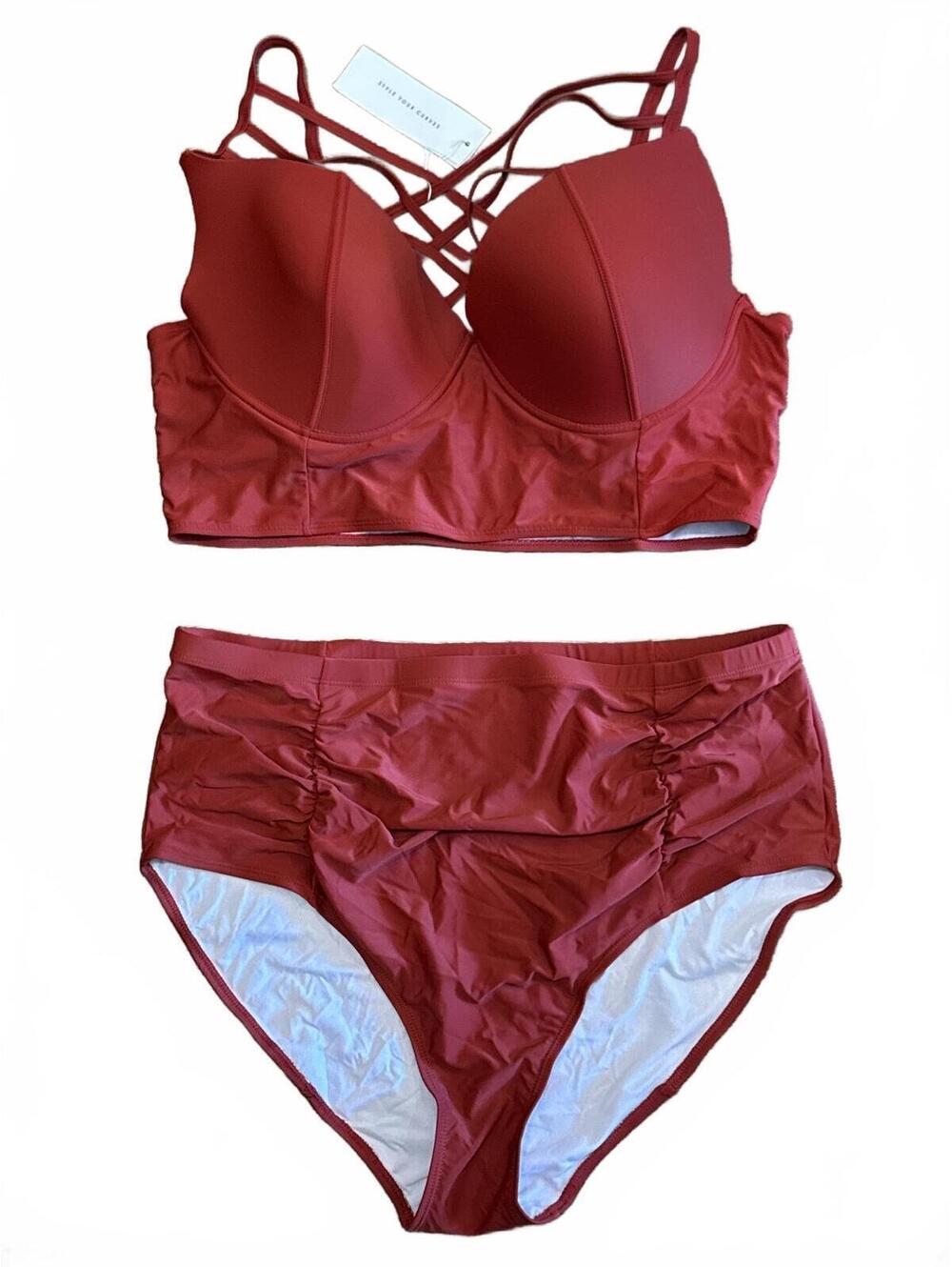 Rosegal Rust Red Strappy High-Waist Bikini Set, Plus 3X